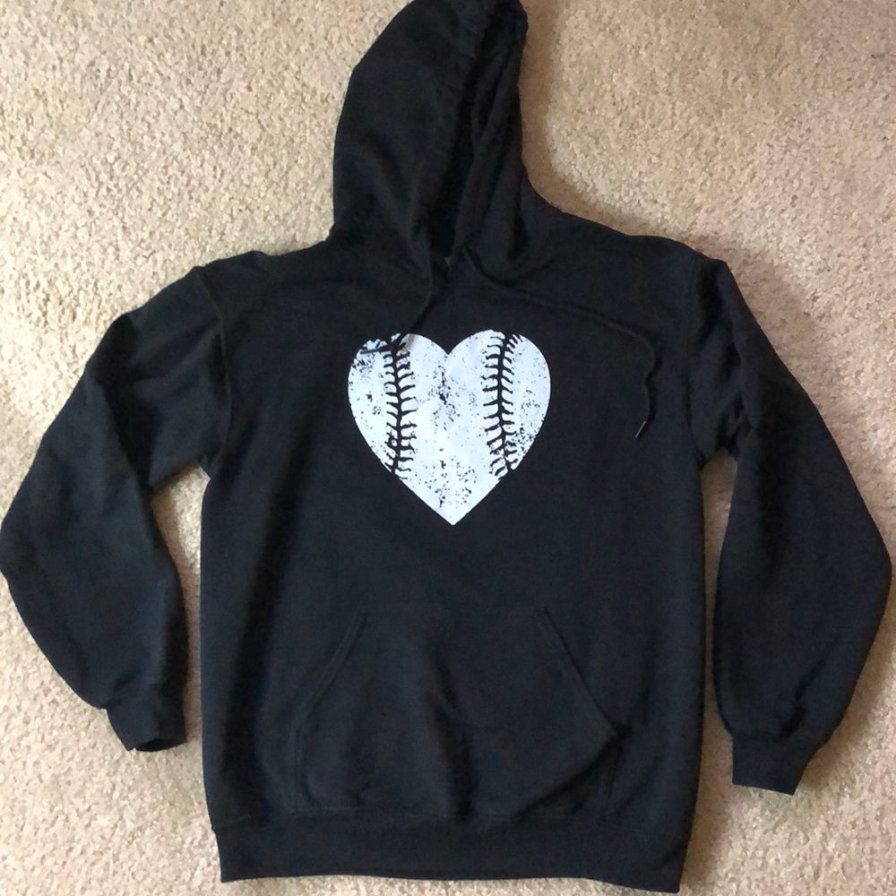 Black Softball Hooded Sweatshirt with distressed softball heart